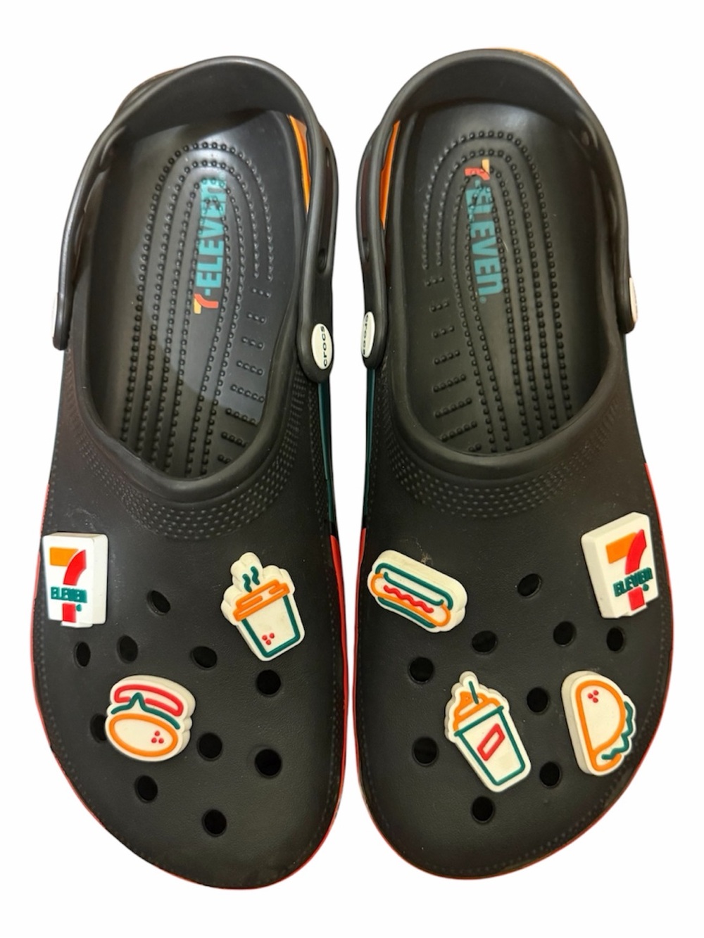 Crocs X 7-Eleven Classic Clog with Jibbitz Black Orange Red Size 10